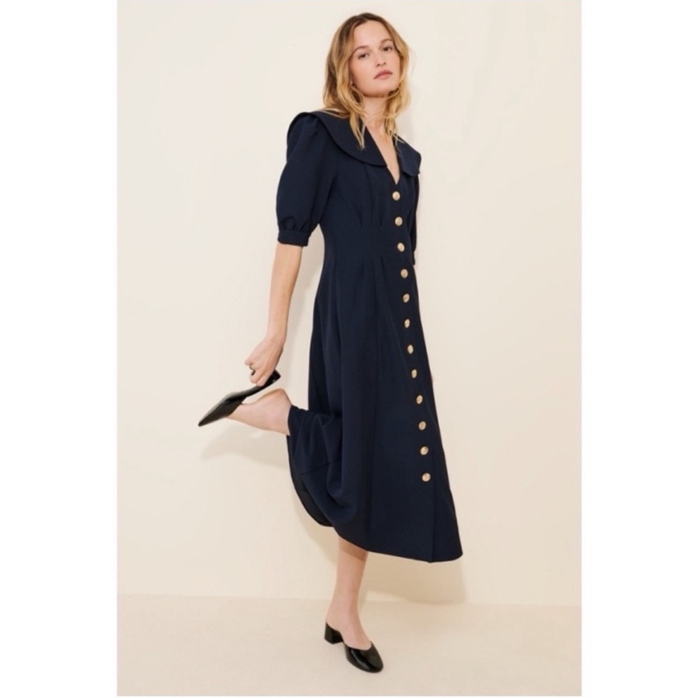 Ronny Kobo x Nuuly Rumi Button Front Midi Dress in Navy Blue size XS